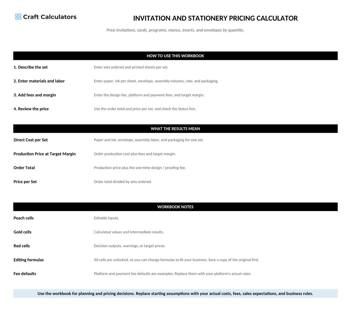 Invitation and Stationery Pricing Calculator instructions tab explaining how to use the workbook and what the results mean