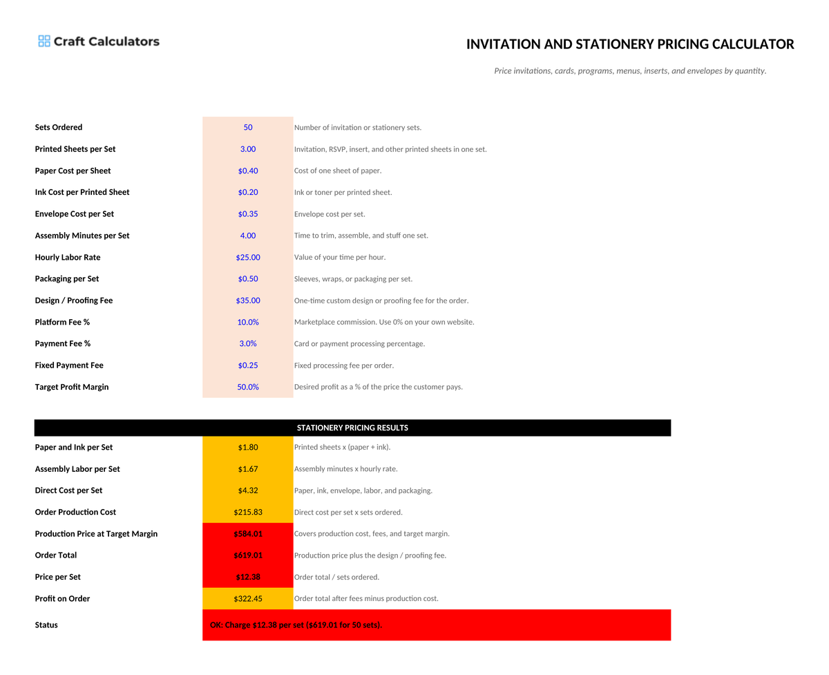 Invitation and Stationery Pricing Calculator screenshot showing inputs, calculated results, and status line