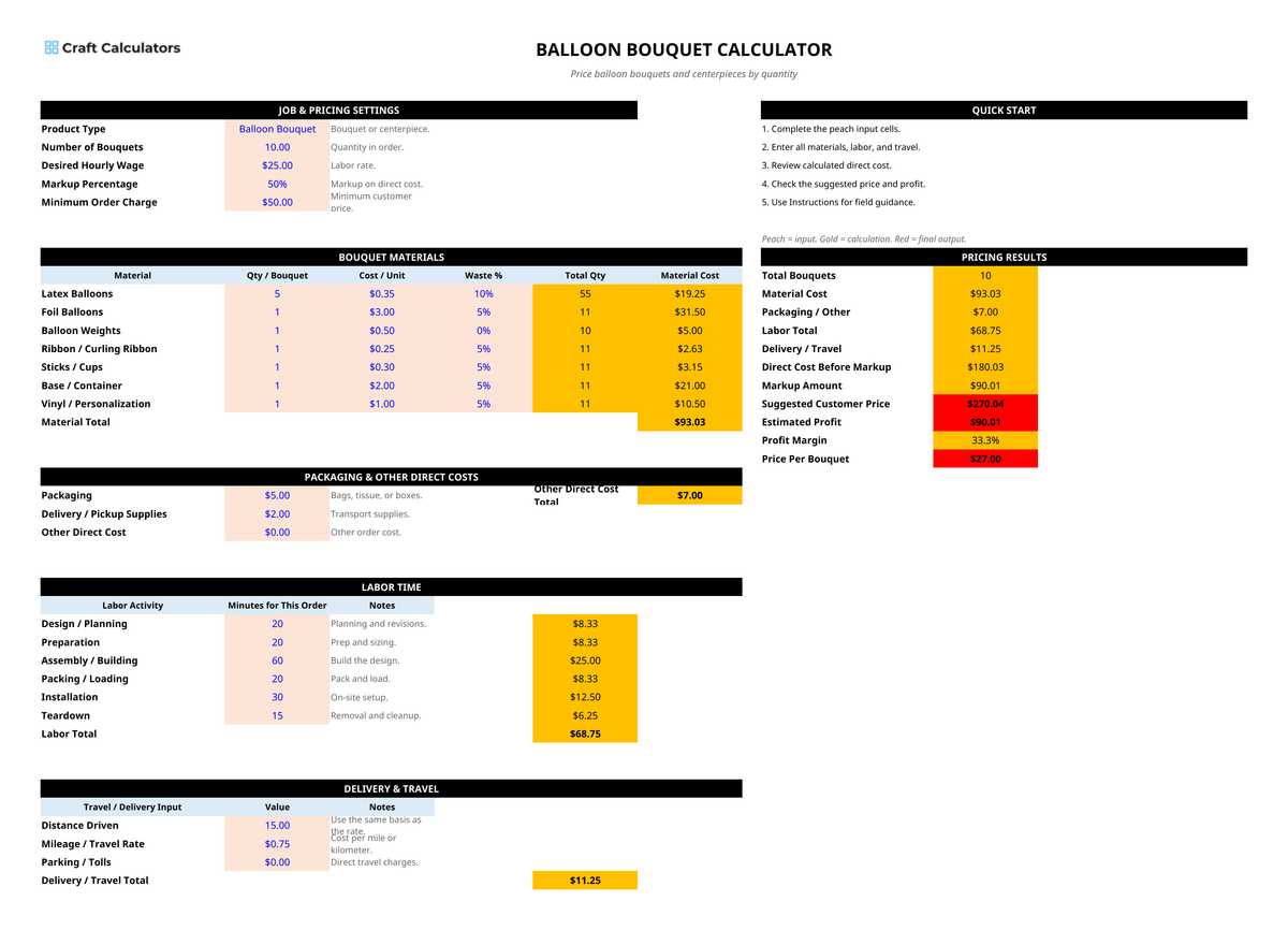 Balloon Bouquet & Centerpiece Pricing Calculator Spreadsheet