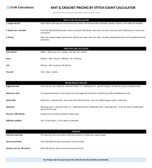 Knit & Crochet Pricing by Stitch Count Calculator instructions tab explaining how to use the workbook and what the results mean