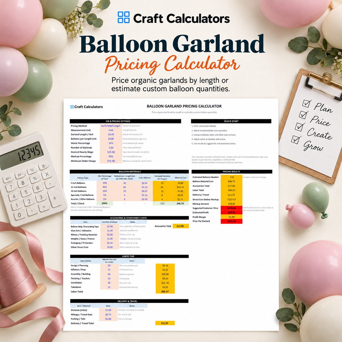 Balloon Garland Pricing Calculator Spreadsheet