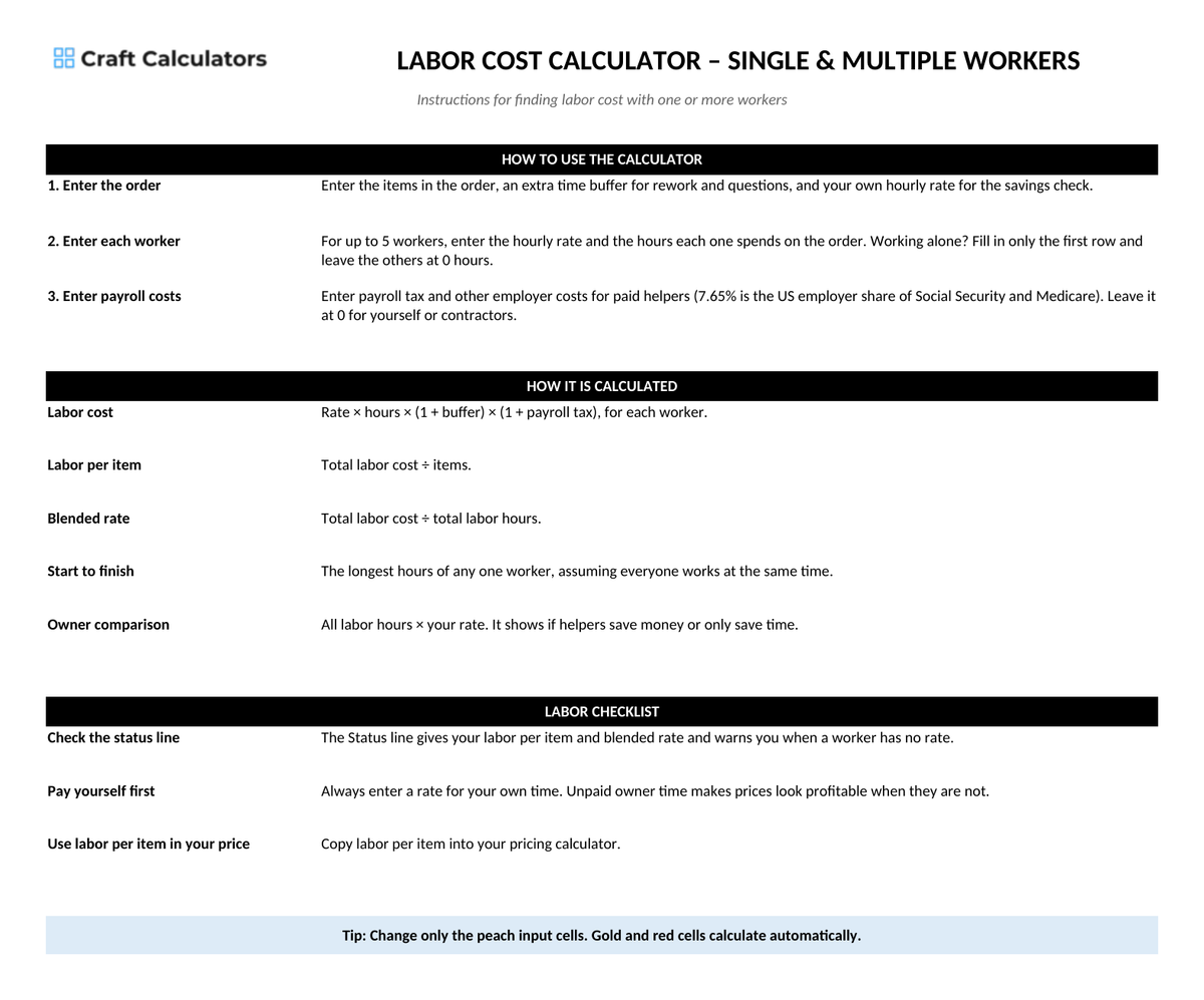 Labor Cost Calculator – Single & Multiple Workers instructions tab explaining how to use the workbook and what the results mean