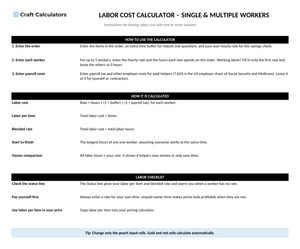Labor Cost Calculator – Single & Multiple Workers instructions tab explaining how to use the workbook and what the results mean