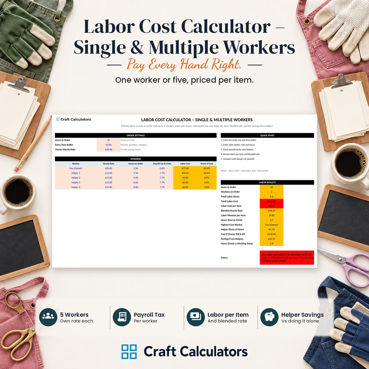 Labor Cost Calculator – Single & Multiple Workers spreadsheet by Craft Calculators for handmade sellers