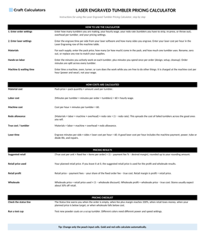 Laser Engraved Tumbler Pricing Calculator instructions tab explaining how to use the workbook and what the results mean