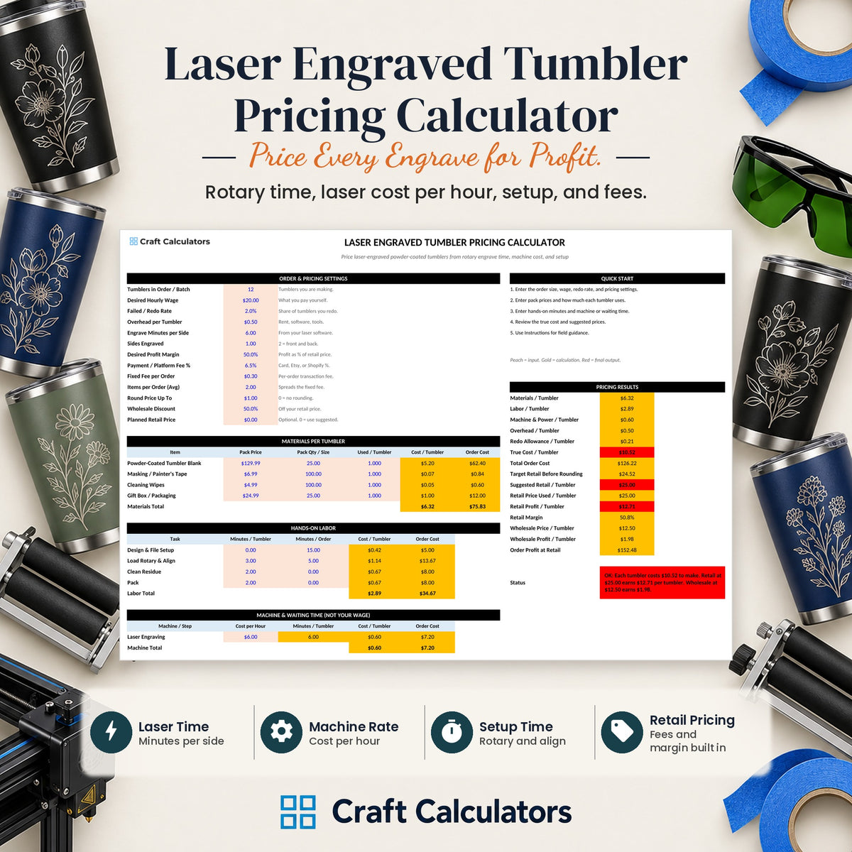 Laser Engraved Tumbler Pricing Calculator spreadsheet by Craft Calculators for tumbler makers