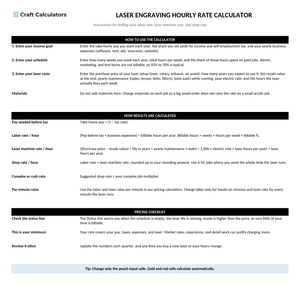 Laser Engraving Hourly Rate Calculator instructions tab explaining how to use the workbook and what the results mean