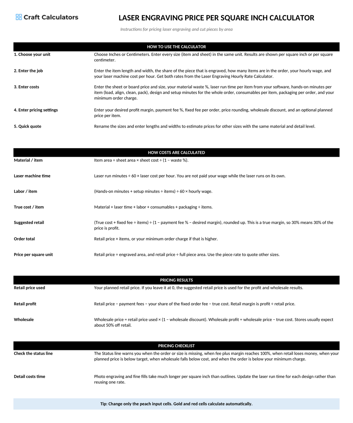Laser Engraving Price per Square Inch Calculator instructions tab explaining how to use the workbook and what the results mean