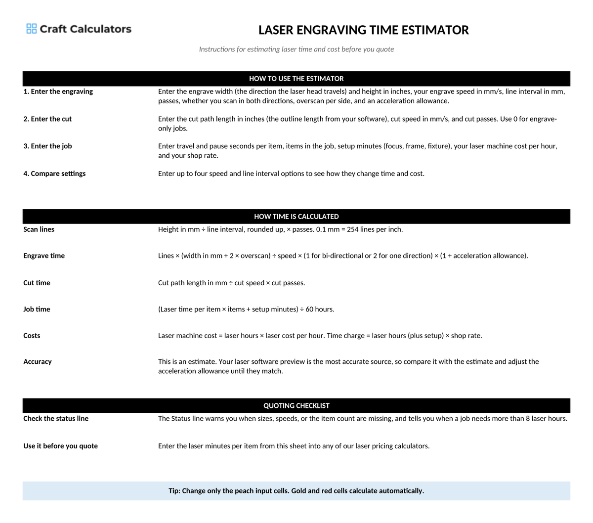 Laser Engraving Time Estimator instructions tab explaining how to use the workbook and what the results mean