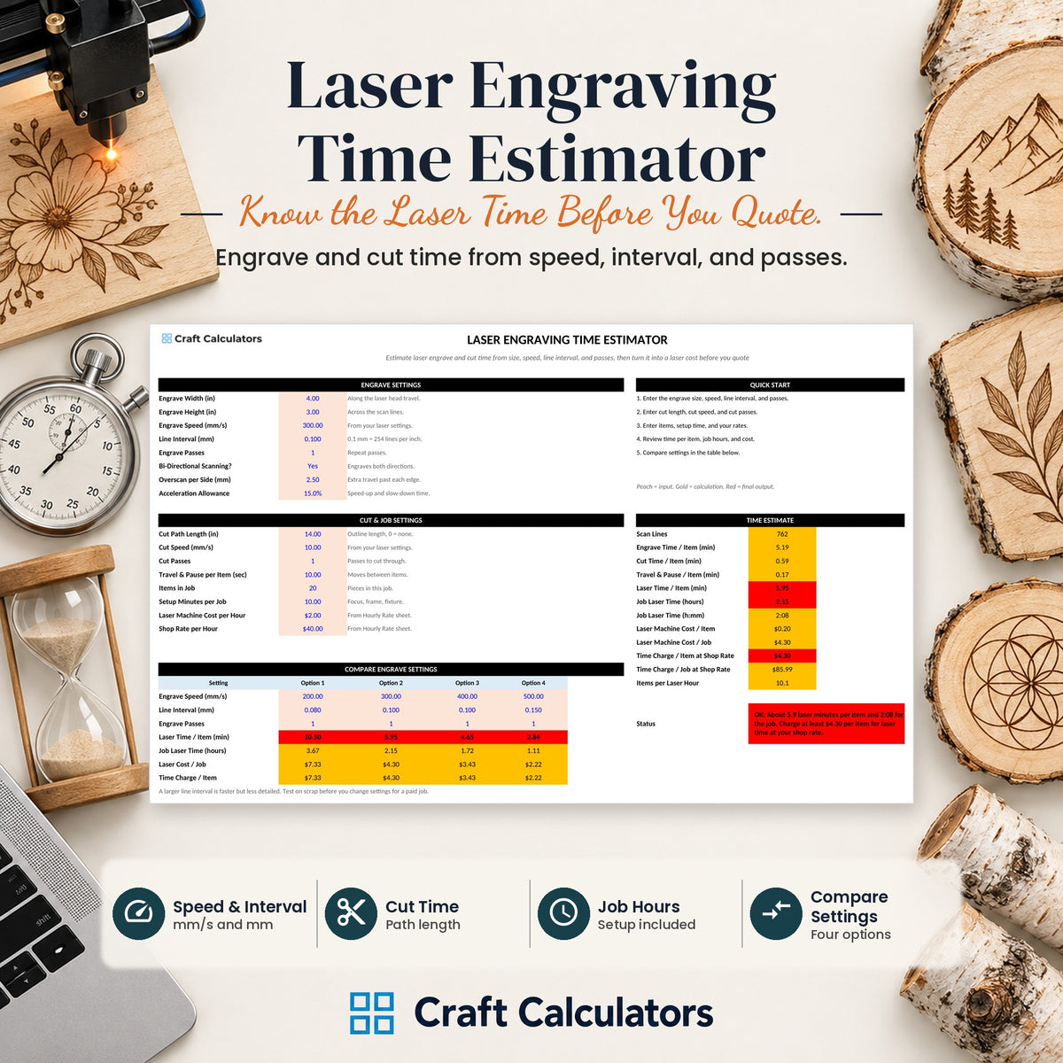 Laser Engraving Time Estimator spreadsheet by Craft Calculators for laser engraving businesses