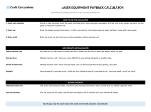 Laser Equipment Payback Calculator instructions tab explaining how to use the workbook and what the results mean