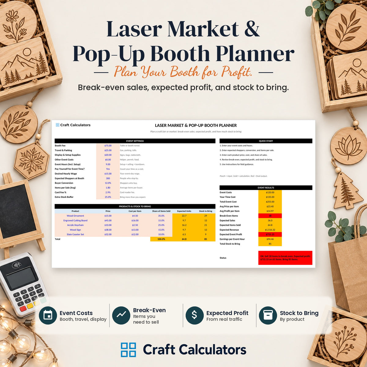 Laser Market & Pop-Up Booth Planner spreadsheet by Craft Calculators for laser engraving businesses