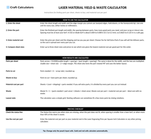 Laser Material Yield & Waste Calculator instructions tab explaining how to use the workbook and what the results mean