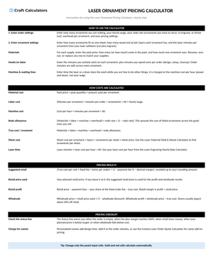Laser Ornament Pricing Calculator instructions tab explaining how to use the workbook and what the results mean