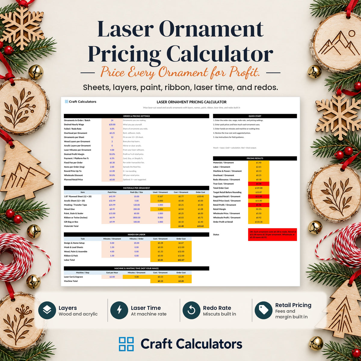 Laser Ornament Pricing Calculator spreadsheet by Craft Calculators for laser engraving businesses