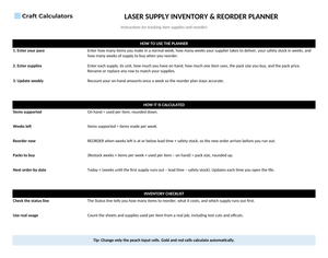 Laser Supply Inventory & Reorder Planner instructions tab explaining how to use the workbook and what the results mean