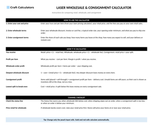 Laser Wholesale & Consignment Calculator instructions tab explaining how to use the workbook and what the results mean