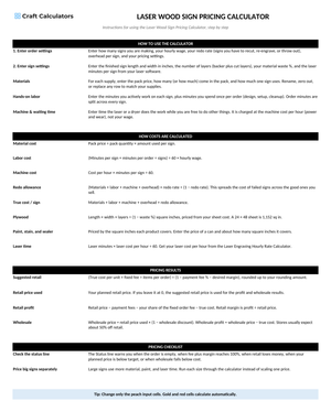 Laser Wood Sign Pricing Calculator instructions tab explaining how to use the workbook and what the results mean
