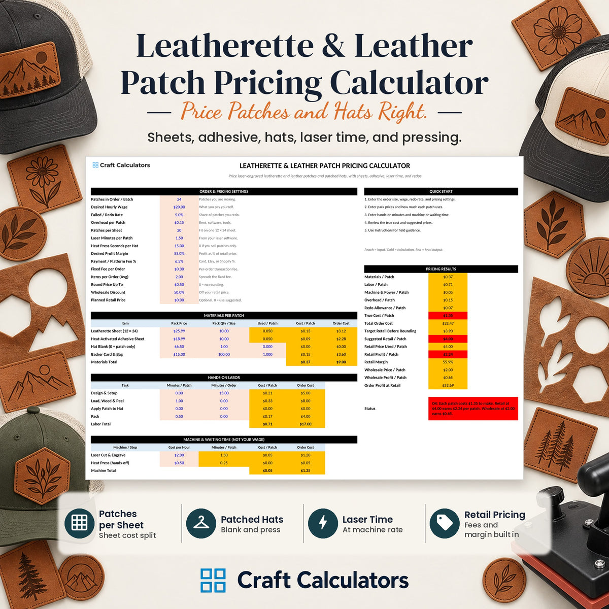 Leatherette & Leather Patch Pricing Calculator spreadsheet by Craft Calculators for laser engraving businesses