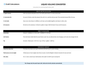 Liquid Volume Converter instructions tab explaining how to use the workbook and what the results mean