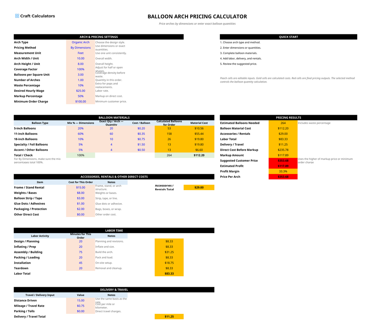 Balloon Arch Pricing Calculator Spreadsheet