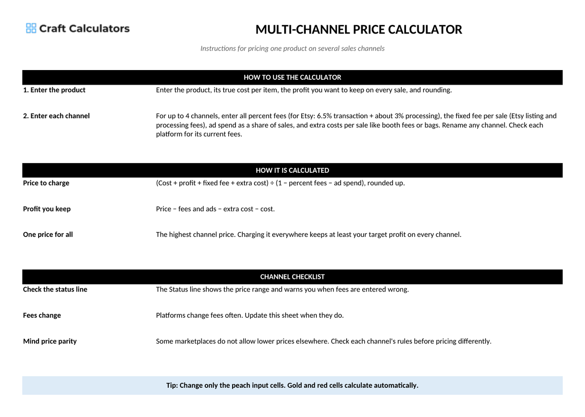 Multi-Channel Price Calculator instructions tab explaining how to use the workbook and what the results mean