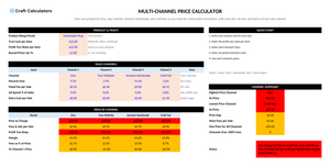 Multi-Channel Price Calculator screenshot showing inputs, calculated results, and status line