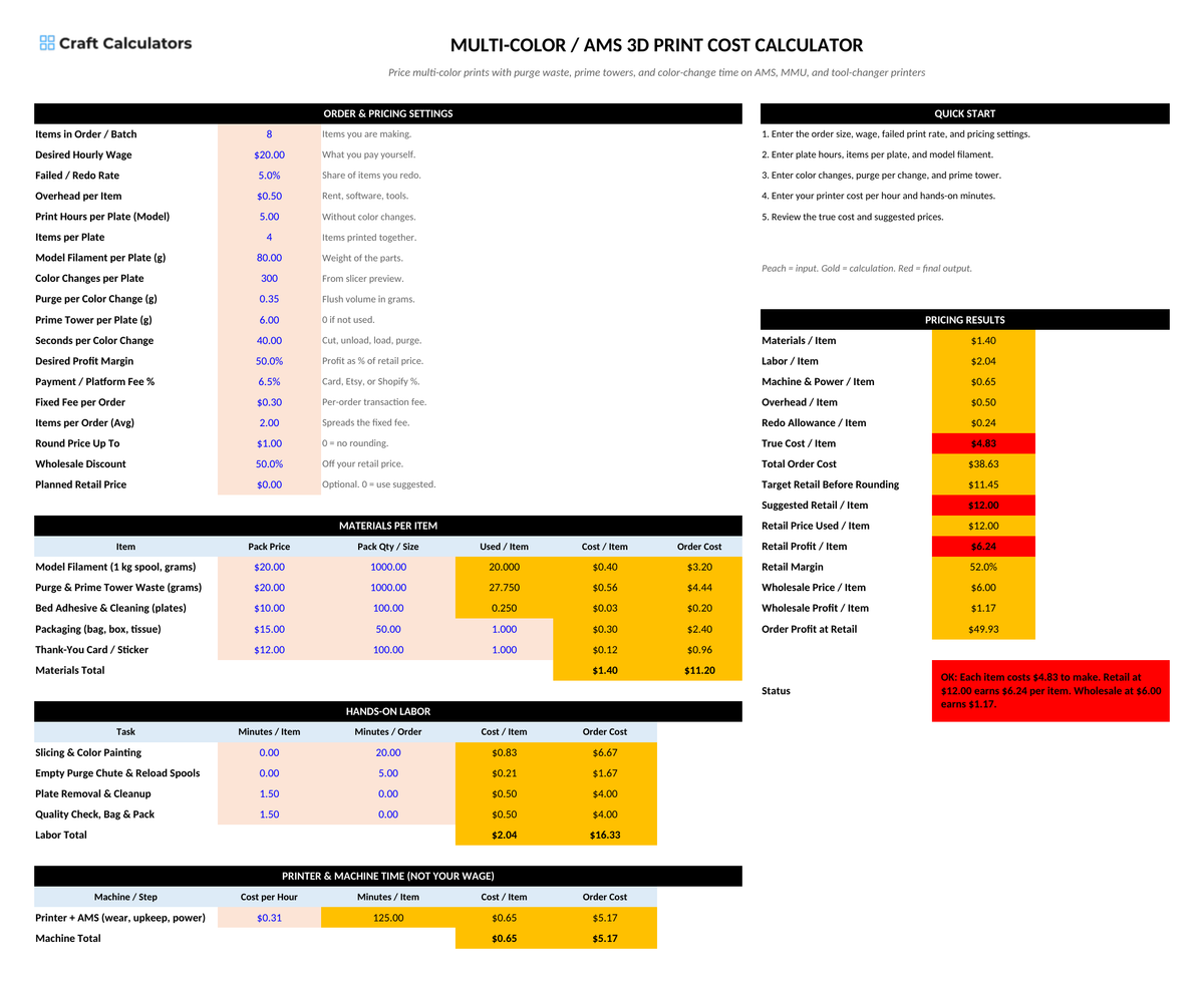 Multi-Color / AMS 3D Print Cost Calculator screenshot showing inputs, calculated results, and status line