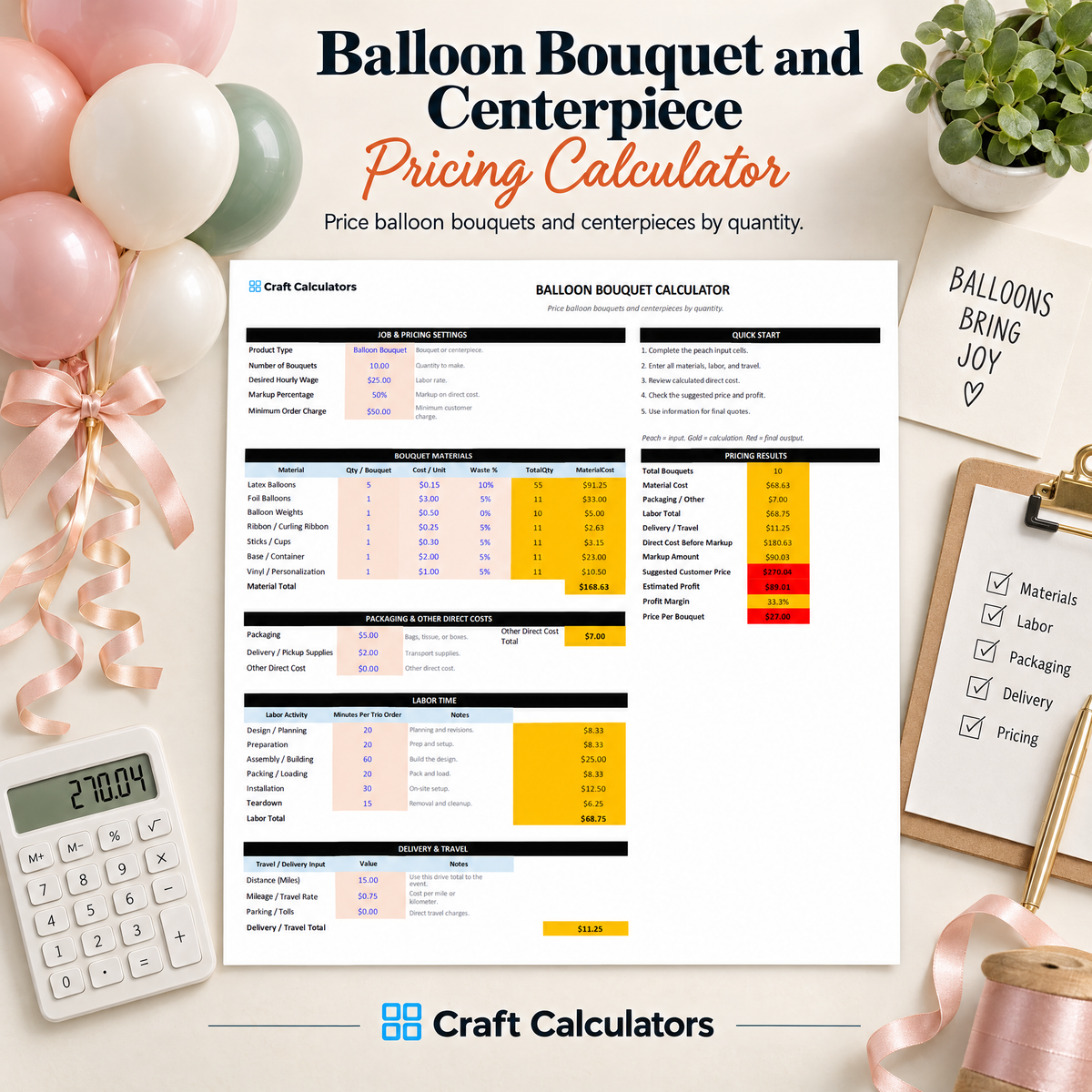 Balloon Bouquet & Centerpiece Pricing Calculator Spreadsheet