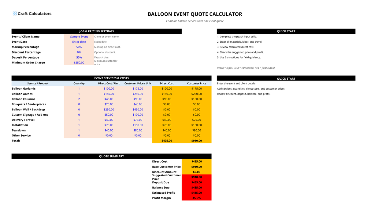 Balloon Event Quote Calculator Spreadsheet