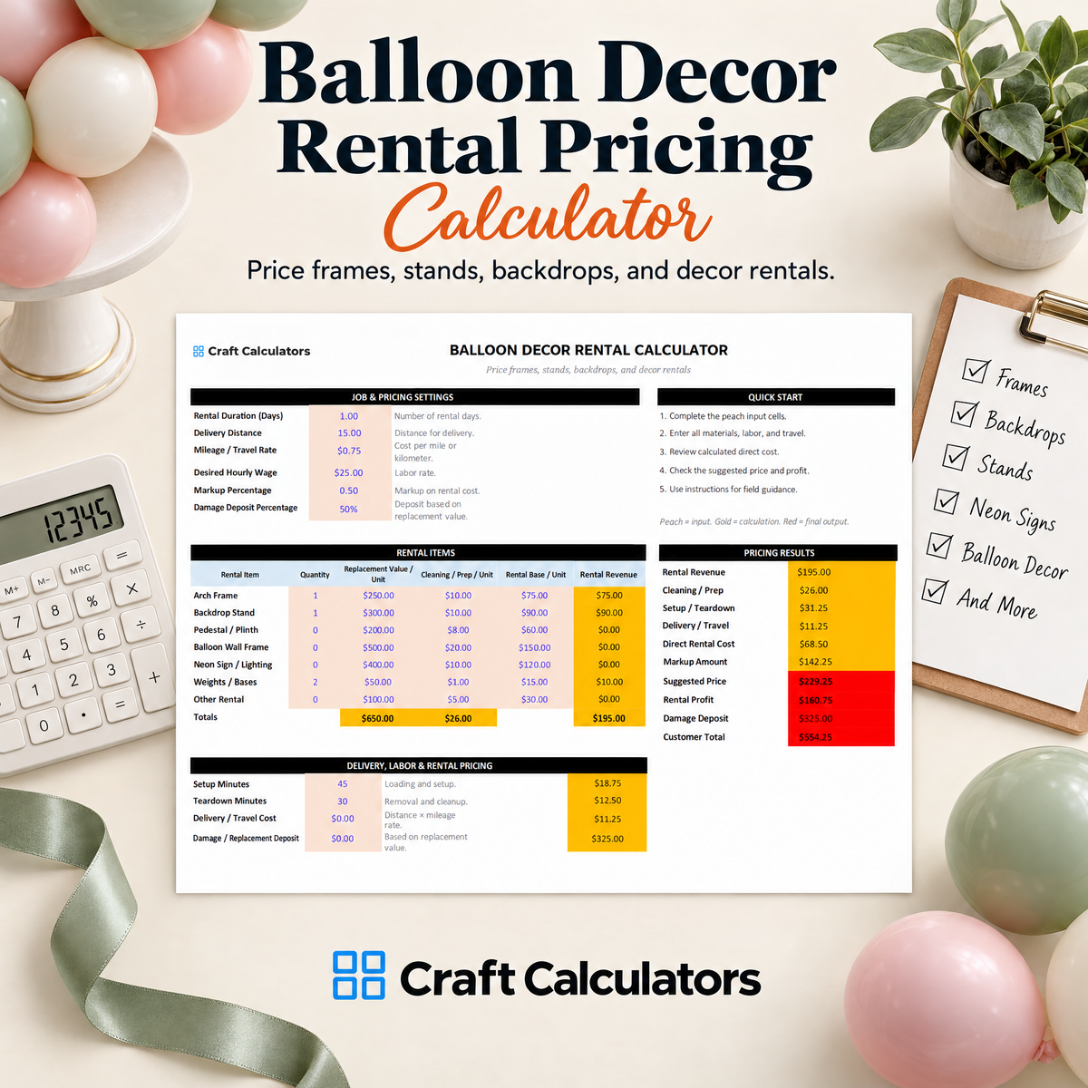 Balloon Decor Rental Pricing Calculator Spreadsheet