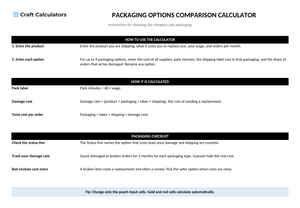 Packaging Options Comparison Calculator instructions tab explaining how to use the workbook and what the results mean