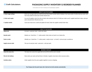 Packaging Supply Inventory & Reorder Planner instructions tab explaining how to use the workbook and what the results mean
