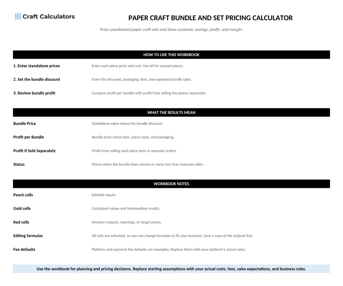 Paper Craft Bundle and Set Pricing Calculator instructions tab explaining how to use the workbook and what the results mean