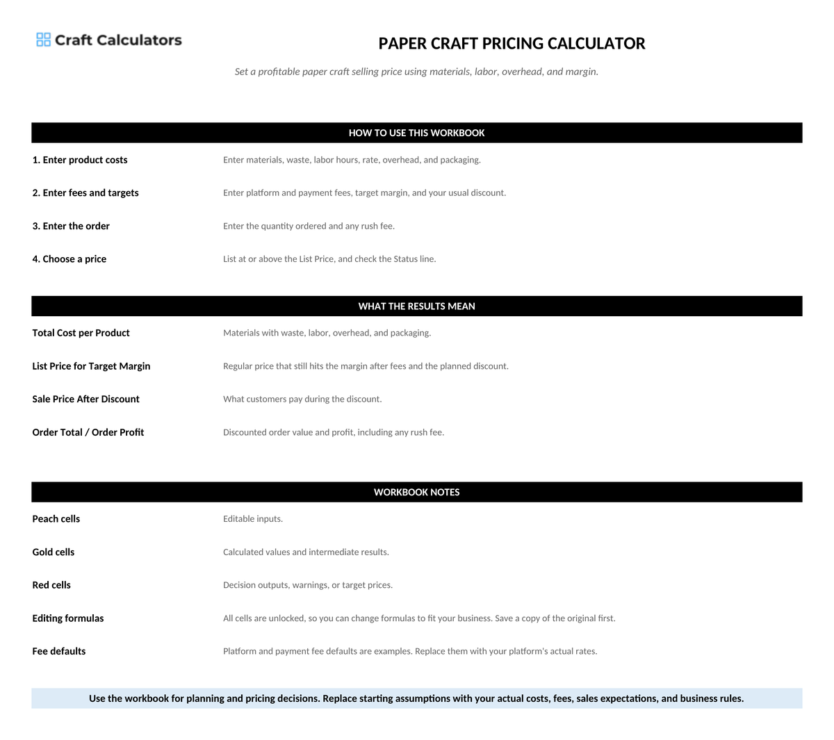 Paper Craft Pricing Calculator instructions tab explaining how to use the workbook and what the results mean