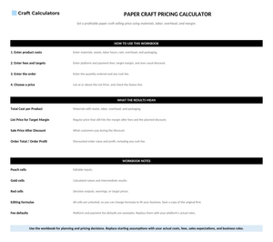 Paper Craft Pricing Calculator instructions tab explaining how to use the workbook and what the results mean
