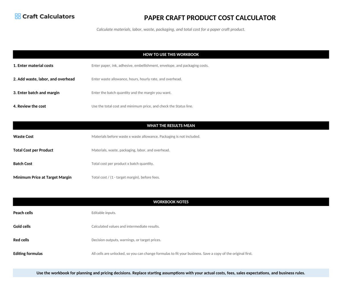 Paper Craft Product Cost Calculator instructions tab explaining how to use the workbook and what the results mean