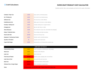 Paper Craft Product Cost Calculator screenshot showing inputs, calculated results, and status line