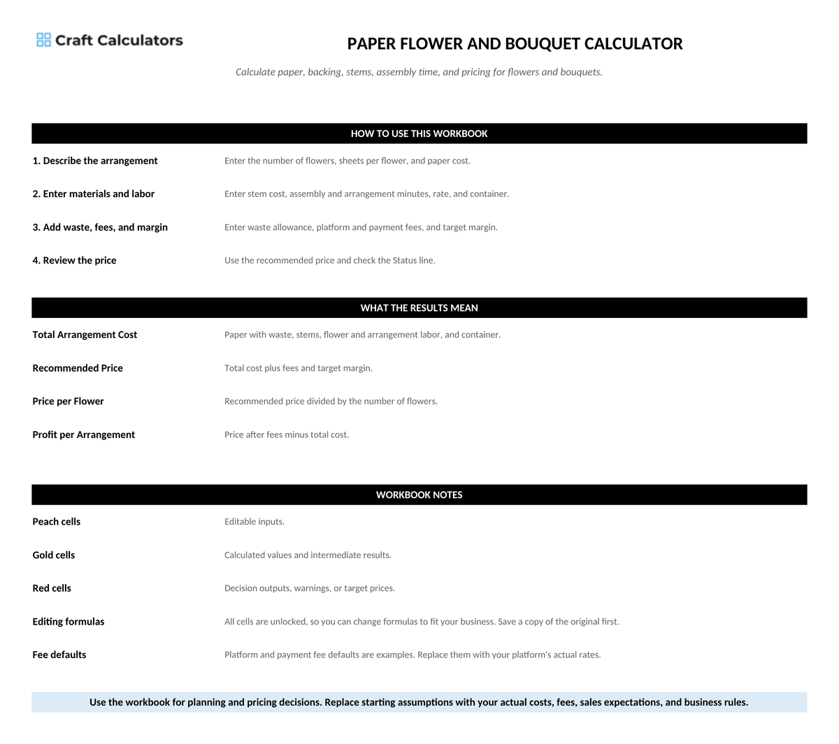 Paper Flower and Bouquet Calculator instructions tab explaining how to use the workbook and what the results mean