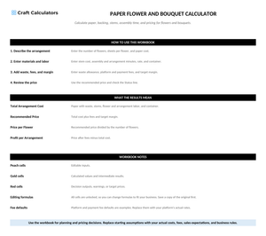 Paper Flower and Bouquet Calculator instructions tab explaining how to use the workbook and what the results mean