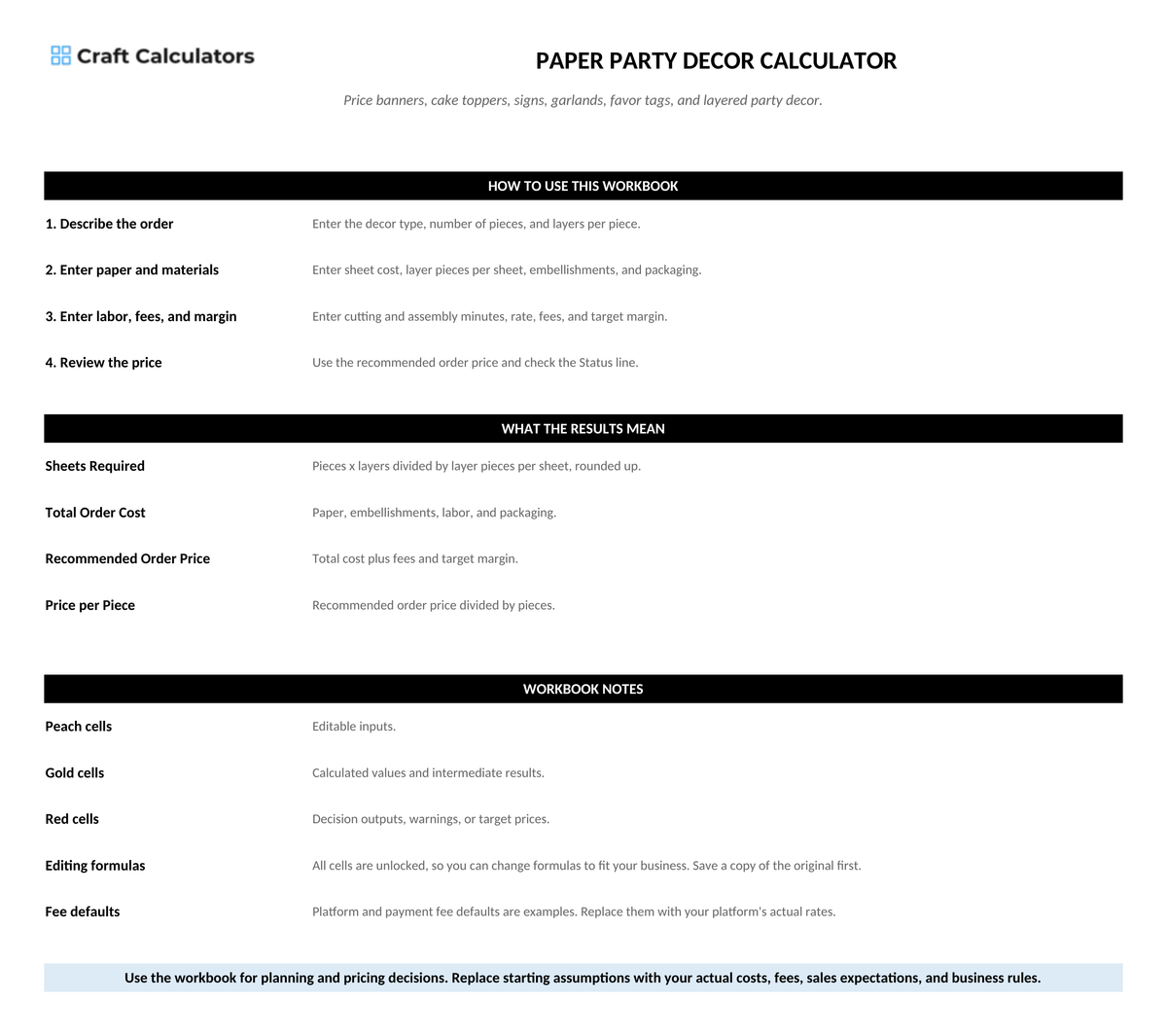 Paper Party Decor Calculator instructions tab explaining how to use the workbook and what the results mean