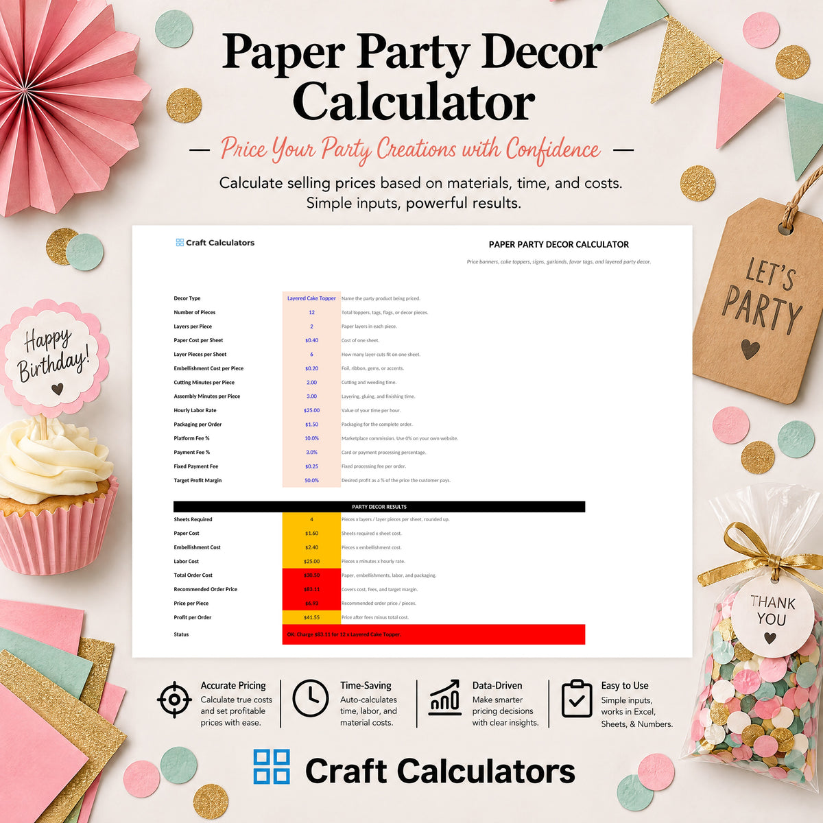 Paper Party Decor Calculator spreadsheet by Craft Calculators for paper crafters