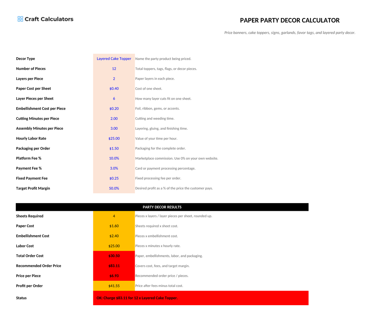 Paper Party Decor Calculator screenshot showing inputs, calculated results, and status line