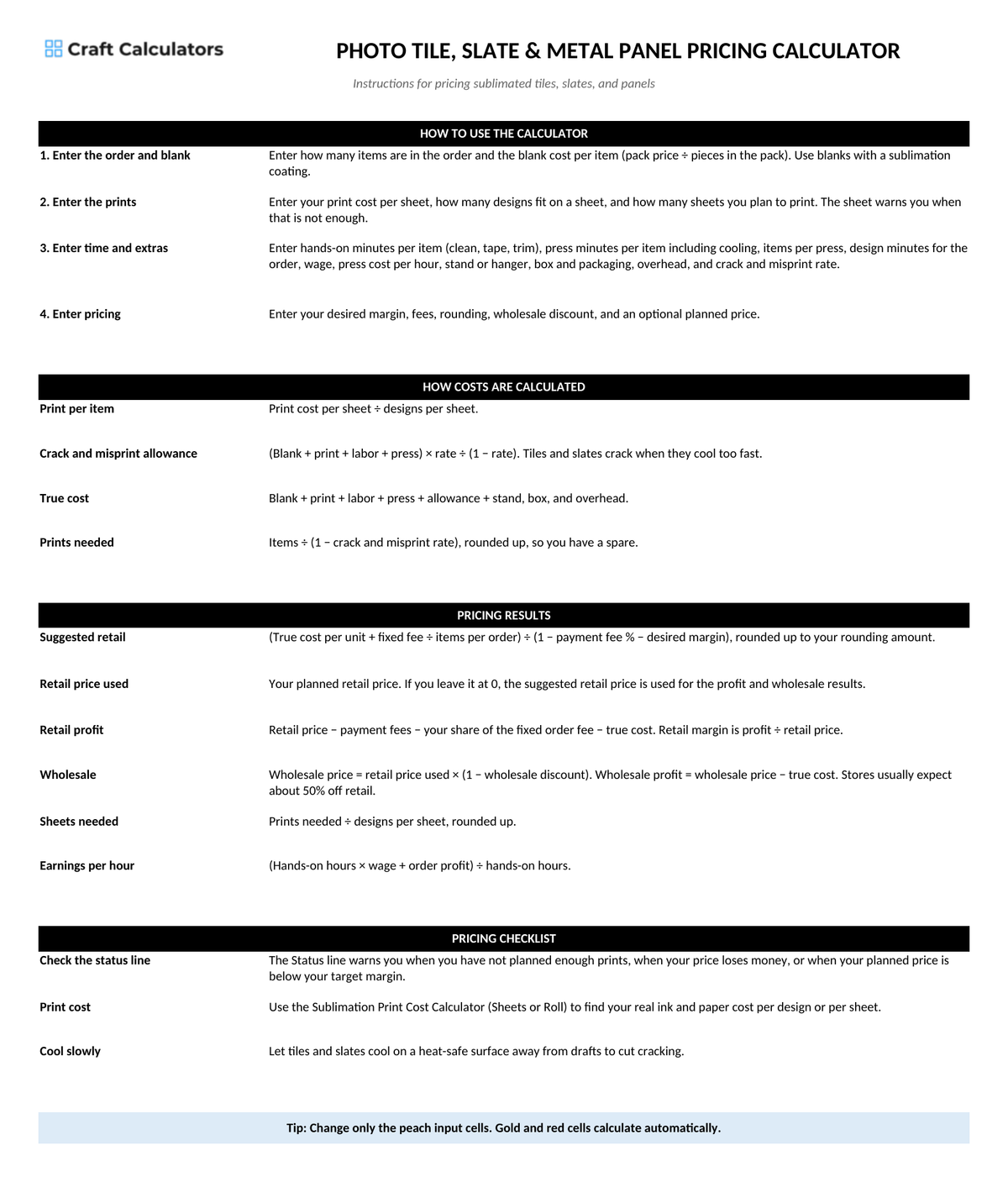 Photo Tile, Slate & Metal Panel Pricing Calculator instructions tab explaining how to use the workbook and what the results mean