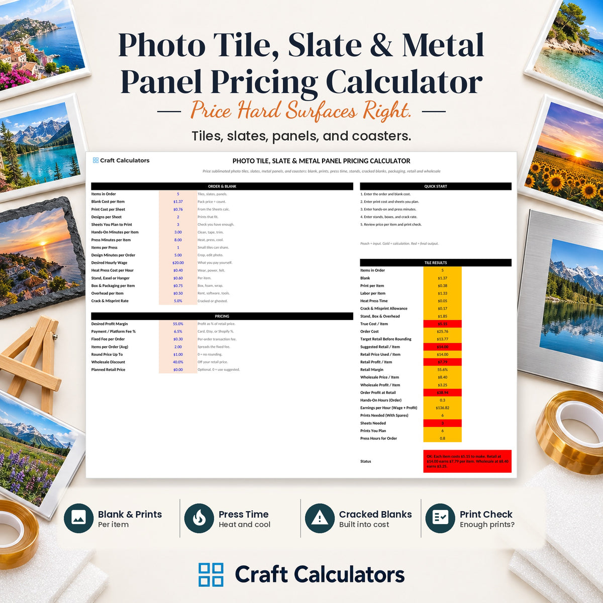 Photo Tile, Slate & Metal Panel Pricing Calculator spreadsheet by Craft Calculators for sublimation sellers