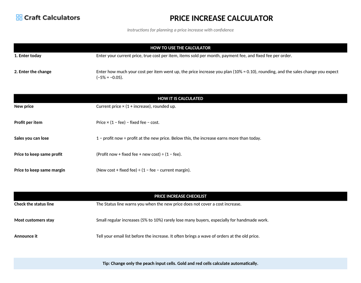 Price Increase Calculator instructions tab explaining how to use the workbook and what the results mean