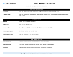 Price Increase Calculator instructions tab explaining how to use the workbook and what the results mean