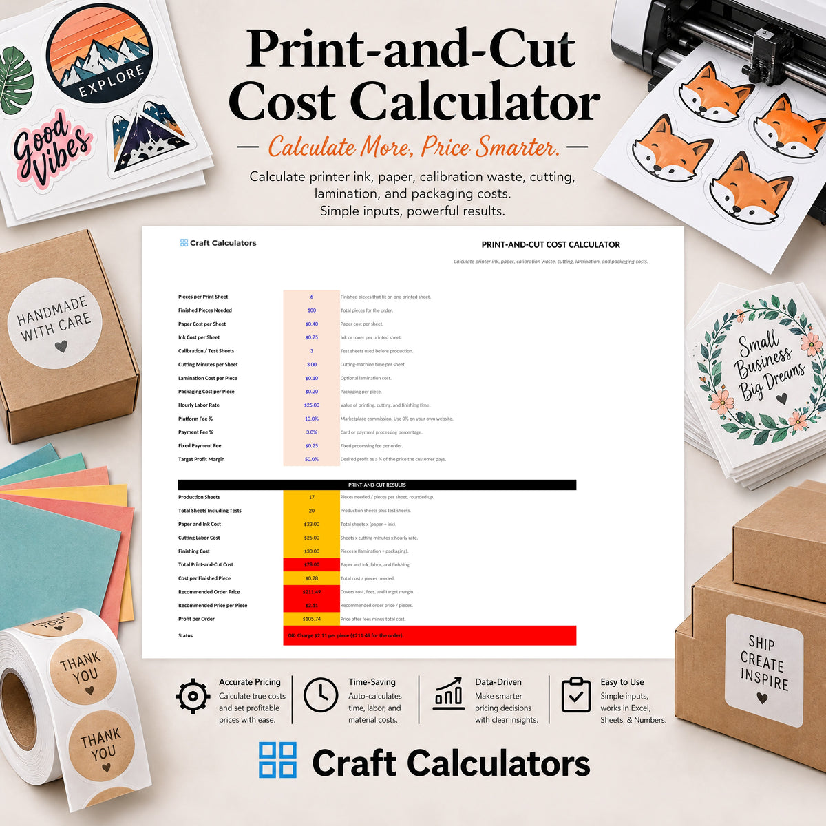 Print-and-Cut Cost Calculator spreadsheet by Craft Calculators for paper crafters