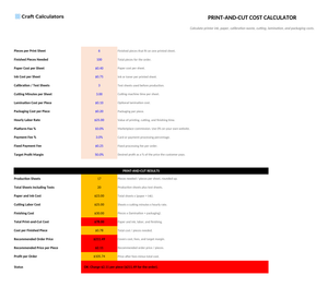 Print-and-Cut Cost Calculator screenshot showing inputs, calculated results, and status line