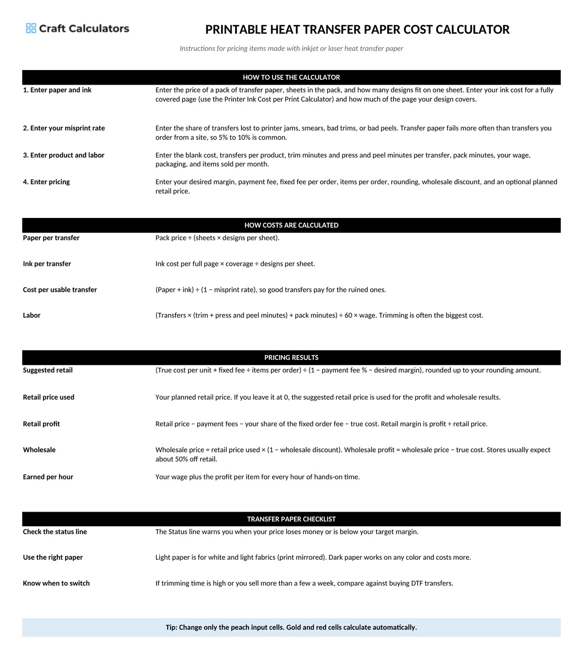 Printable Heat Transfer Paper Cost Calculator instructions tab explaining how to use the workbook and what the results mean
